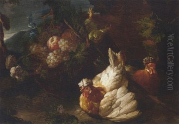 Two Hens By A Basket Of Fruit In A Landscape Oil Painting by David de Coninck