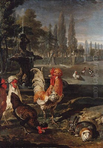 The Grounds Of A Villa With Bantams, A Rabbit, Guinea Pig And Duck, Beside A Classical Fountain Oil Painting by David de Coninck