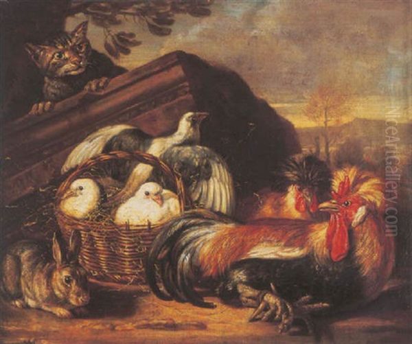 Chickens With Doves In A Basket And A Rabbit By A Partially Ruined Cornice, A Cat Looking On Oil Painting by David de Coninck