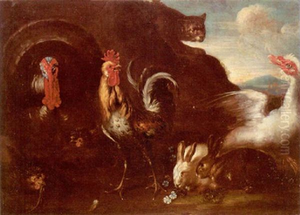 A Turkey, Hens, A Cockerel, Rabbits And A Goose Alarmed By A Cat Oil Painting by David de Coninck