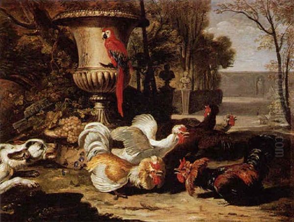 Fighting Roosters, A Parrot And A Dog In A Garden Landscape Oil Painting by David de Coninck