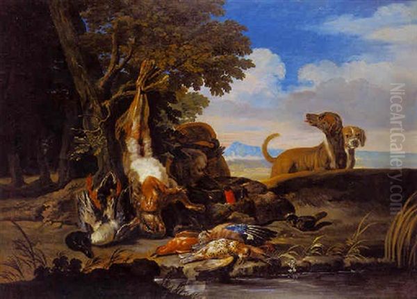 Trophees De Chasse Et Chiens Dans Un Paysage Lacustre by David de Coninck