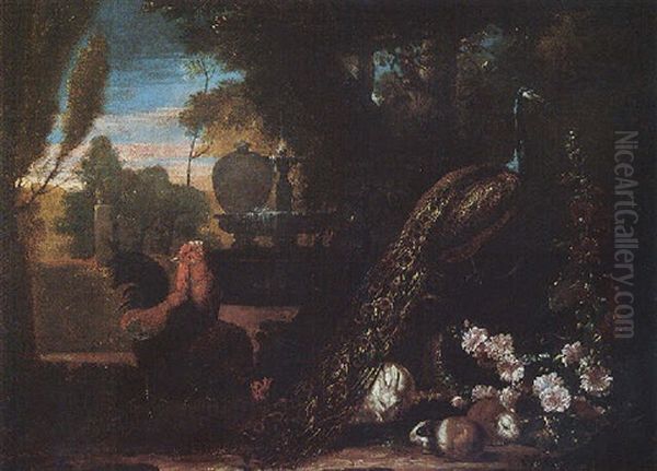 A Peacock, A Bantam Cockerel, Rabbits And Guinea Pigs In The Grounds Of A Villa Oil Painting by David de Coninck