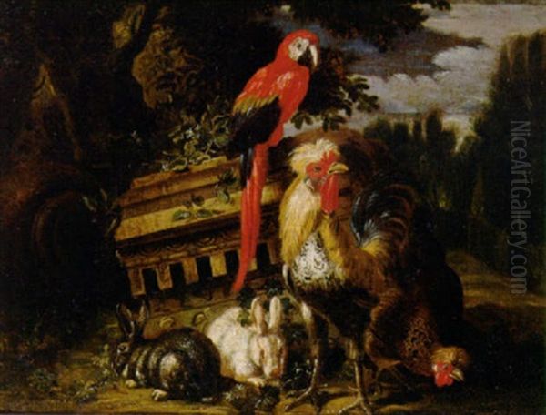 A Cockerel, A Chicken, Rabbits And A Parrot On A Pedestal By An Upturned Stone Vase By A Tree In A Classical Garden Oil Painting by David de Coninck