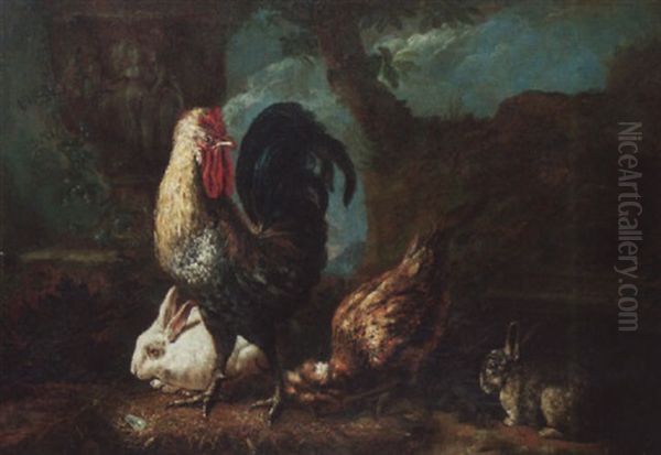 A Courtyard Scene With A Cockerel, Hen And Two Rabbits Oil Painting by David de Coninck