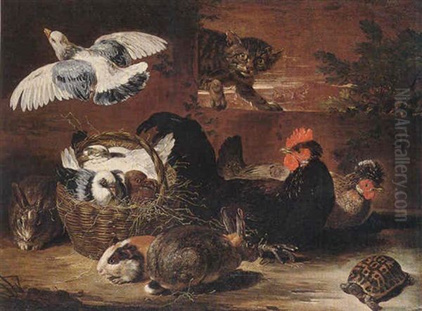 A Farmyard Scene With A Cat Surprising Pigeons In A Wicker Basket, Hens, Rabbits, A Guinea Pig And A Tortoise Oil Painting by David de Coninck