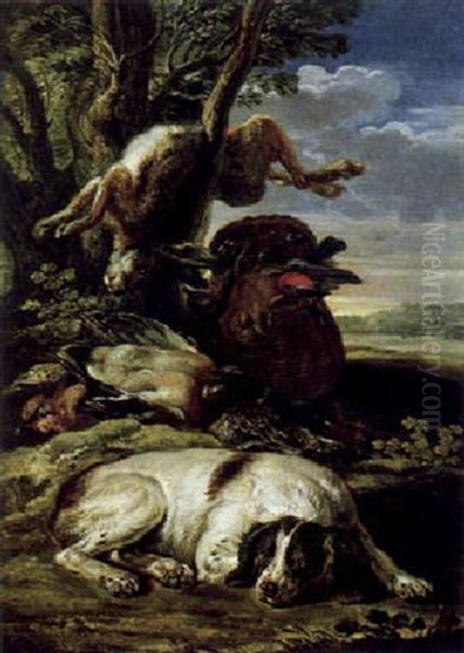 Jagdstilleben In Einer Landschaft Von Einem Jagdhund Bewacht Oil Painting by David de Coninck