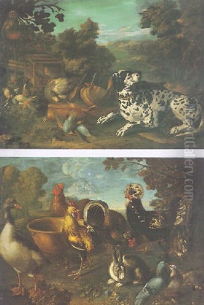 A Hound Guarding Hunting Equipment And Game In A Landscape Oil Painting by David de Coninck