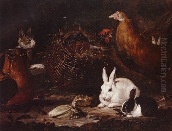 A Still Life With Rabbits, A Cockerel, Hen And A Cat In A Farmyard Setting Oil Painting by David de Coninck