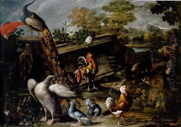 Grupo De Animales Compuesto Por : Pavo Real, Loro, Ganso Y Otras Aves Y Perro Junto Con Rosas, Uvas Y Dondiegos Oil Painting by David de Coninck