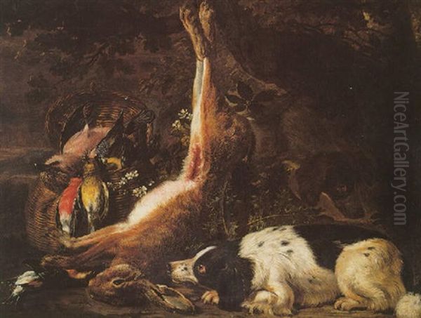 Still Life Of Hung Hare, Birds In A Basket And  Two Hounds In A Landscape Oil Painting by David de Coninck