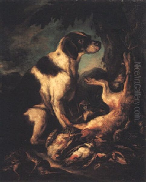 Dog Guarding A Still Life Of Game In A Landscape Oil Painting by David de Coninck