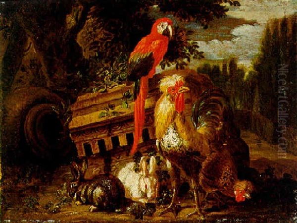 Ein Papagei, Huhner Und Zwei Kaninchen In Einem Schlospark Oil Painting by David de Coninck