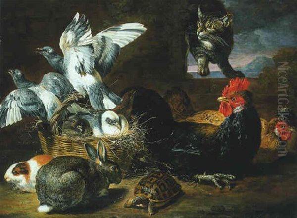 A Cat Stalking Pigeons In A Basket With Hens, A Rabbit, A Guinea Pig And A Tortoise Oil Painting by David de Coninck