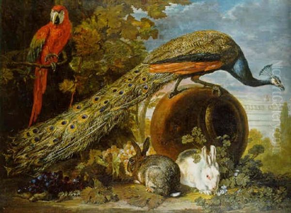 A Peacock On An Overturned Urn, A Parrot In A Tree And Rabbits And Bunches Of Grapes In A Garden Oil Painting by David de Coninck