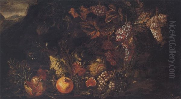 Still Life Of Fruit With A Cat, A Rabbit And A Parrot Oil Painting by David de Coninck