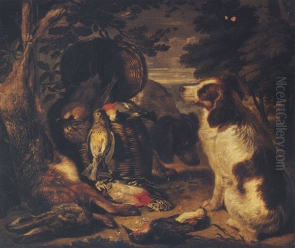 Two Spaniels Guarding The Spoils Of The Chase Oil Painting by David de Coninck