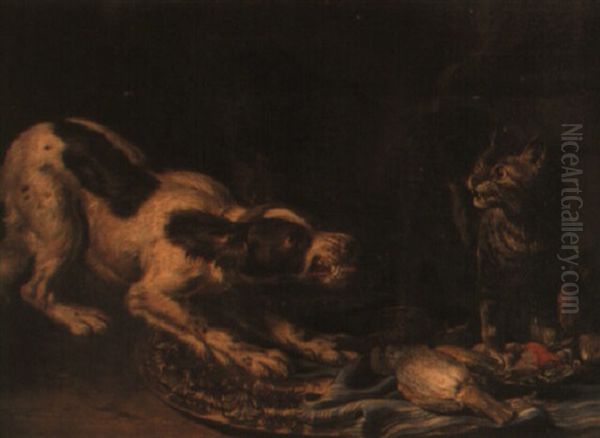 A Cat Startled By A Dog Oil Painting by David de Coninck