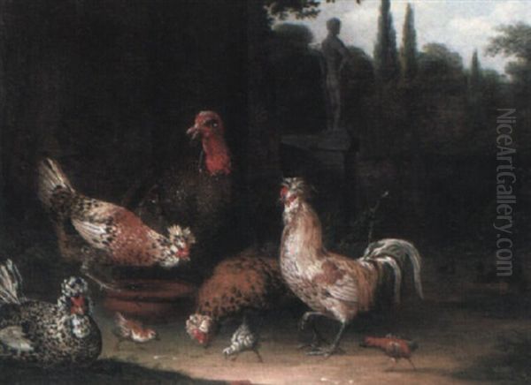 Ornamental Garden Setting With A Cockerel, Hens And Chickens Oil Painting by David de Coninck