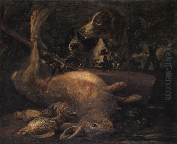 Hunting Still Life With A Dead Hare, Birds And Spaniels Oil Painting by David de Coninck