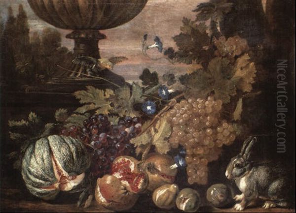 Still Life With A Rabbit Seated Beside Grapes And Other Fruit With Animals Oil Painting by David de Coninck