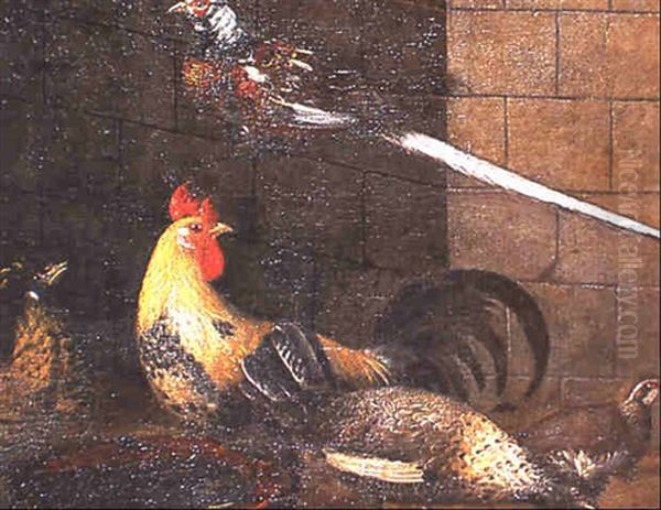 Coq, Poules Et Pigeons Dans Un Poulailler Oil Painting by David de Coninck