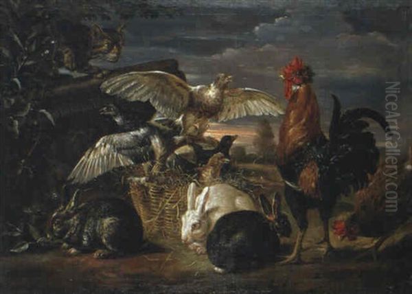 Kaninchen Und Vogel Von Einer Katze Uberrascht Oil Painting by David de Coninck