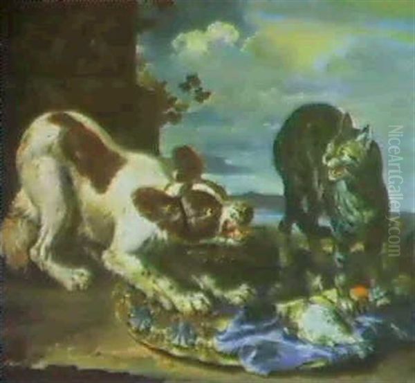 A Dog Startling A Cat & A Hound With Dead Game   And A Gun Oil Painting by David de Coninck