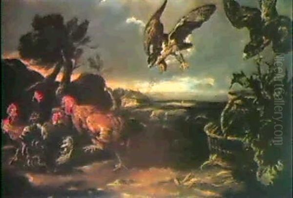 Rapaces Attaquant Des Poules Et Des Coqs Dans Un Large      Paysage Oil Painting by David de Coninck