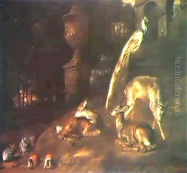 Hjorte, Kaniner, Marsvin Og Pafugl I En Park Oil Painting by David de Coninck