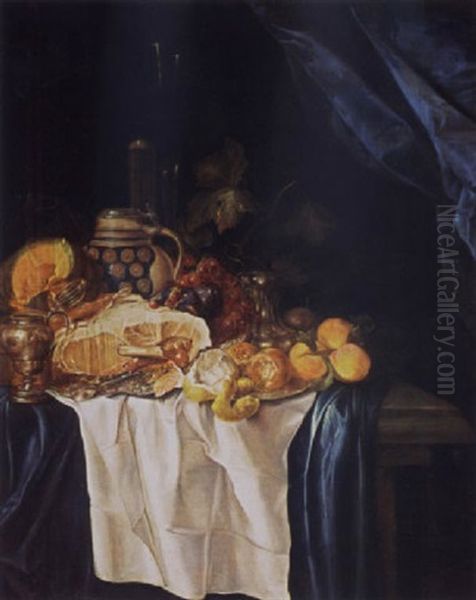 A Still Life With A Ham On A Silver Plate, A Melon, Oranges, Peaches, A Lemon, Grapes, Figs And Other Items, All On A Draped Table by Gregorius De Coninck