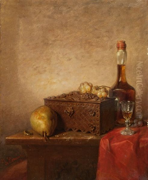 Stillleben Mit Holztruhe, Birne Und Whisky Oil Painting by Pierre Louis de Coninck