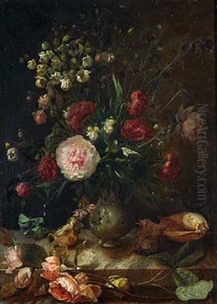 Blumenstillleben Mit Verschiedenen Muscheln Oil Painting by Pierre Louis de Coninck