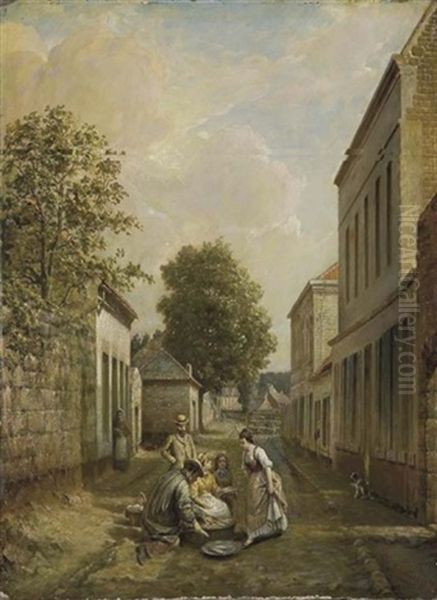 Marchande De Poissons, Rue De Rivoli A Saint-amand-les-eaux Oil Painting by Pierre Louis de Coninck