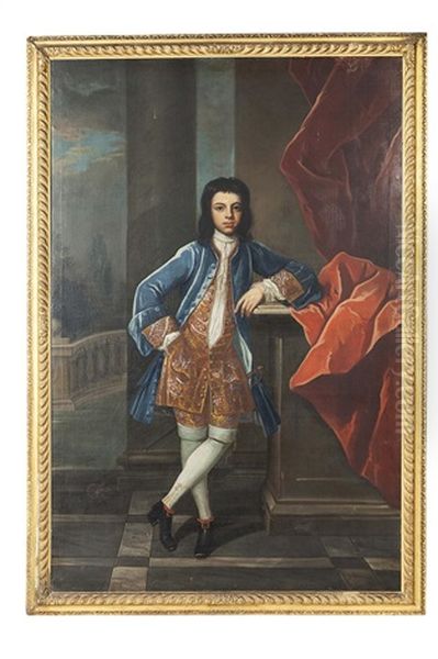 Full Length Portrait Of Peter King, Aged 12, In Blue Coat And Embroidered Waistcoat And Breeches Oil Painting by Daniel de Coning