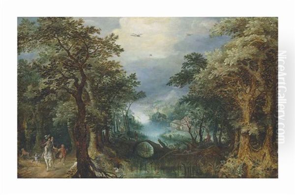 An Extensive Wooded River Landscape With A Hunting Party, A Village Beyond Oil Painting by Gillis Van Coninxloo III