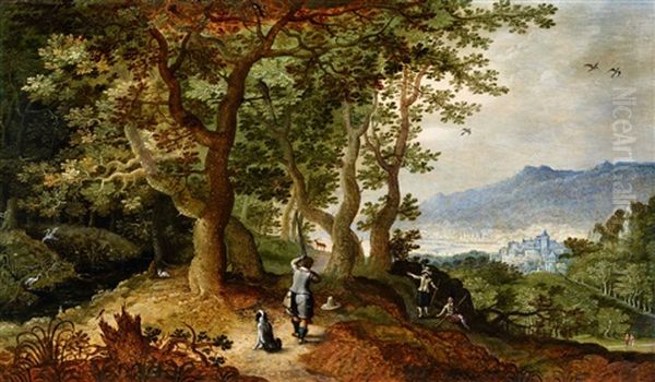 Wooded Landscape With Hunters Oil Painting by Gillis Van Coninxloo III