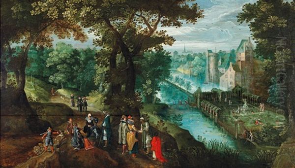 An Elegant Party In A River Landscape Oil Painting by Gillis Van Coninxloo III