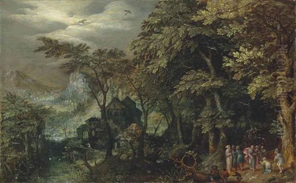 An Extensive Wooded Landscape With Christ Healing The Lame Man, A Village And A Town By The Mountains Beyond Oil Painting by Gillis Van Coninxloo III