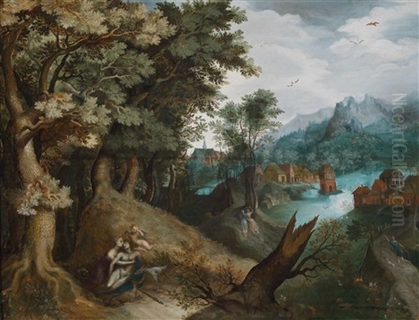 Eine Bewaldete Flusslandschaft Mit Dorfkulisse, Venus Und Adonis Und Wanderern Oil Painting by Gillis Van Coninxloo III