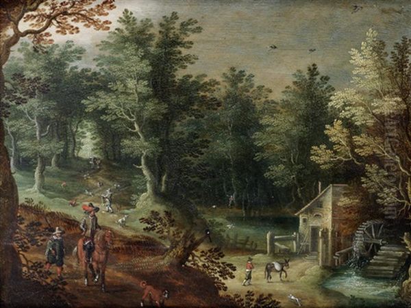 A Wooded River Landscape With A Horseman Before A Watermill Oil Painting by Gillis Van Coninxloo III