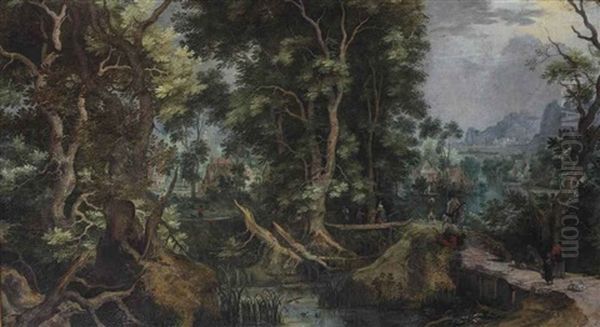 A Wooded River Landscape With Travellers On A Wooden Bridge Near A Village Oil Painting by Gillis Van Coninxloo III