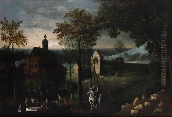 Paysage Accidente Anime De Personnages Elegants Pres De Maisons Au Bord De L'eau (a Beersel?) Oil Painting by Gillis Van Coninxloo III