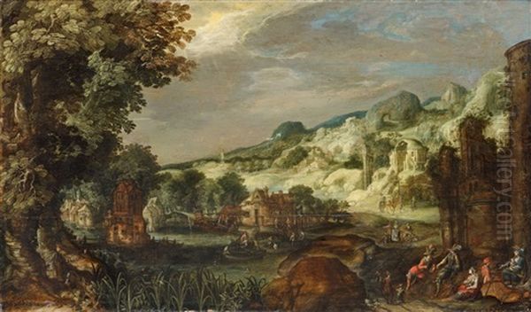 Phantastic Landscape With River, Ruins And Architectural Staffage Oil Painting by Gillis Van Coninxloo III