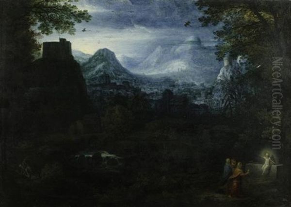 Weite Flamische Landschaft Mit Drei Frauen Und Der Auferstehung Christi Oil Painting by Gillis Van Coninxloo III