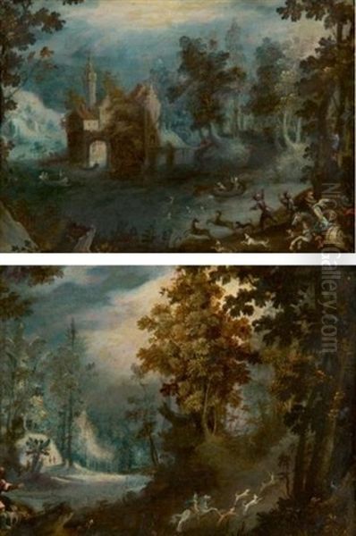 Deux Scenes De Chasse A Courre Dans Des Paysages Boises: Le Bien-aller Et Le Bat-l'eau (pair) Oil Painting by Gillis Van Coninxloo III