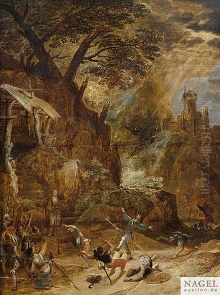 Bekehrung Einer Ritterschar In Bergiger Landschaft An Einer Eremitenklause. Durch Das Durchbrechende, Gleisende Sonnenlicht Werden Herren Und Knechte Geblendet Und Zu Boden Geworfen Oil Painting by Gillis Van Coninxloo III