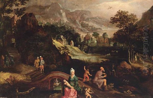 Weite Flusslandschaft Mit Dem Betenden Propheten Hosea Und Einer Im Vordergrund Sitzenden Frau Mit Einem Wickelkind Auf Dem Schos Oil Painting by Gillis Van Coninxloo III