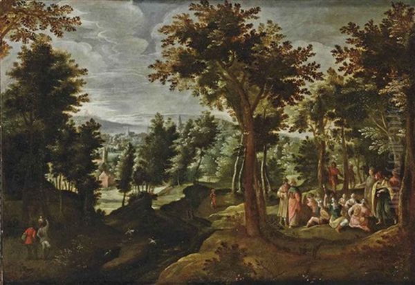 A Wooded Landscape With St. John The Baptist Preaching Oil Painting by Gillis Van Coninxloo III