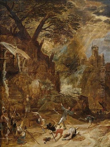 Bekehrung Einer Ritterschar In Bergiger Landschaft An Einer Eremitenklause. Oil Painting by Gillis Van Coninxloo III